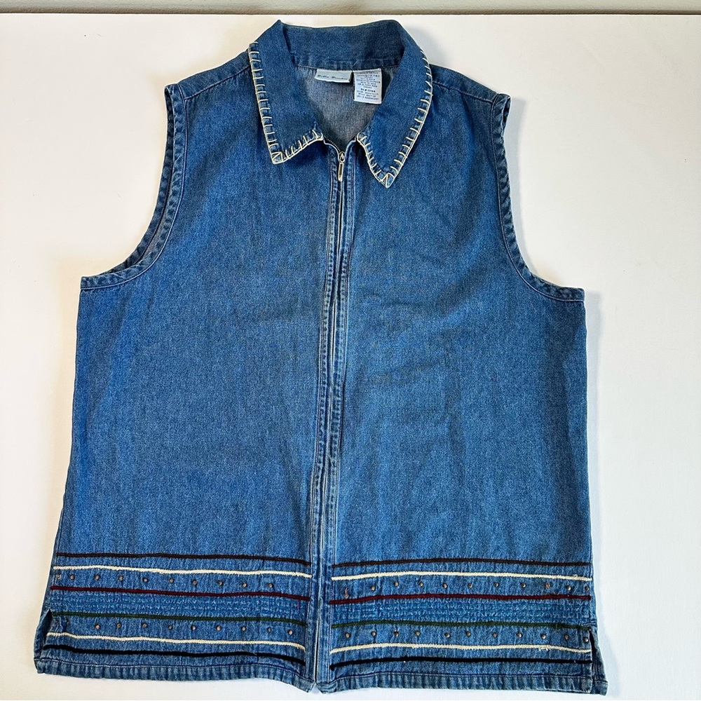 Vintage Bobbie Brooks Womens Large Denim Vest Zip-Up‎ Beaded Trim Embroidered
